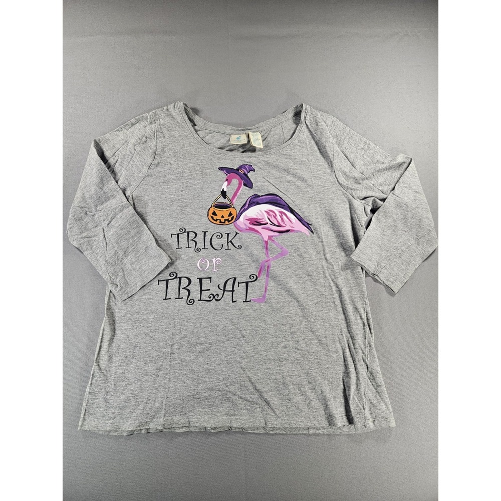 Caribbean Joe Halloween Flamingo Trick or Treat Graphic Shirt Grey Large 3/4 Slv